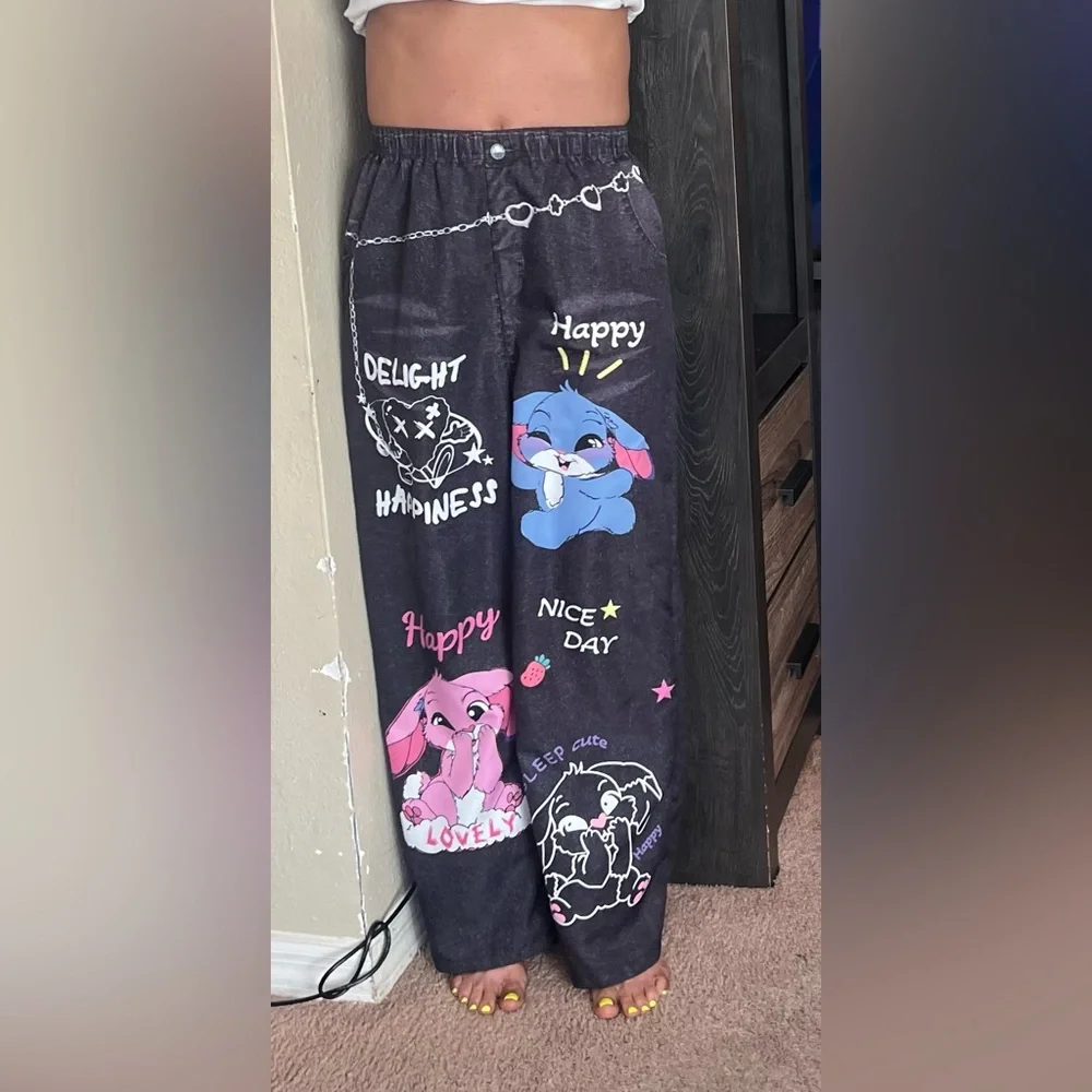Kids joggers with Cartoon Bunny Print - Black